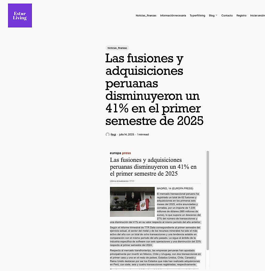 Las fusiones y adquisiciones peruanas disminuyeron un 41% en el primer semestre de 2025